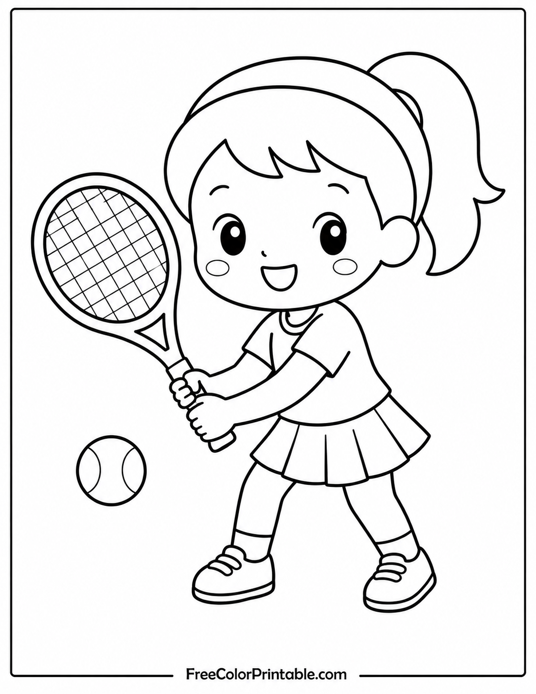 Cute tennis player ready to swing Coloring Page — Free Printable — free printable coloring page